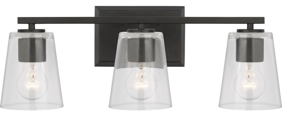 Vertex Collection Three-Light Matte Black Clear Glass Contemporary Bath Light