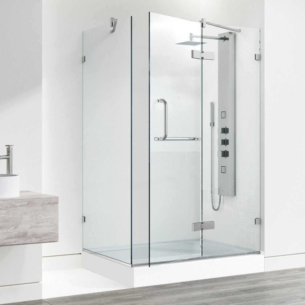 VIGO Monteray 36"D x 48"W x 79"H Frameless Hinged Shower Enclosure, Brushed Nickel, Right Base