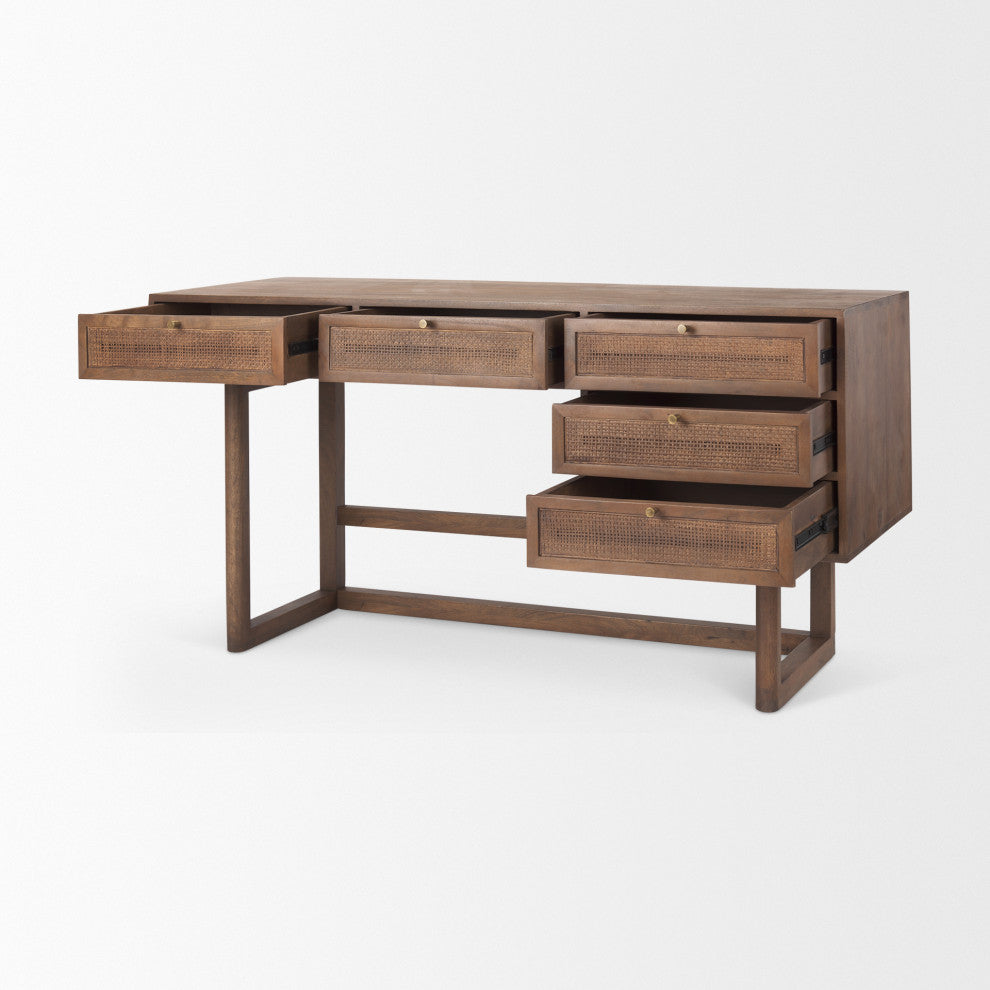 Grier 62.0L x 22.0W x 30.0H Medium Brown Solid Wood WithCane Office Desk