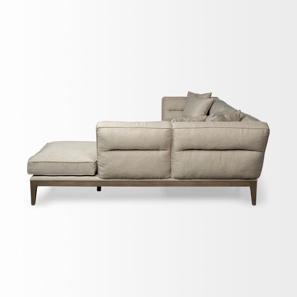 Denali III Beige Fabric, Solid Wood Frame Sectional Sofa, Cream/Brown, Right