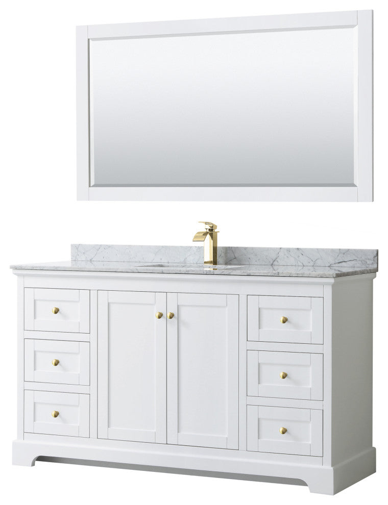60" Single Bath Vanity, White, Carrara Countertop, Sink, 58" Mirror, Gold Trim