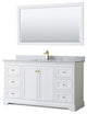 60" Single Bath Vanity, White, Carrara Countertop, Sink, 58" Mirror, Gold Trim