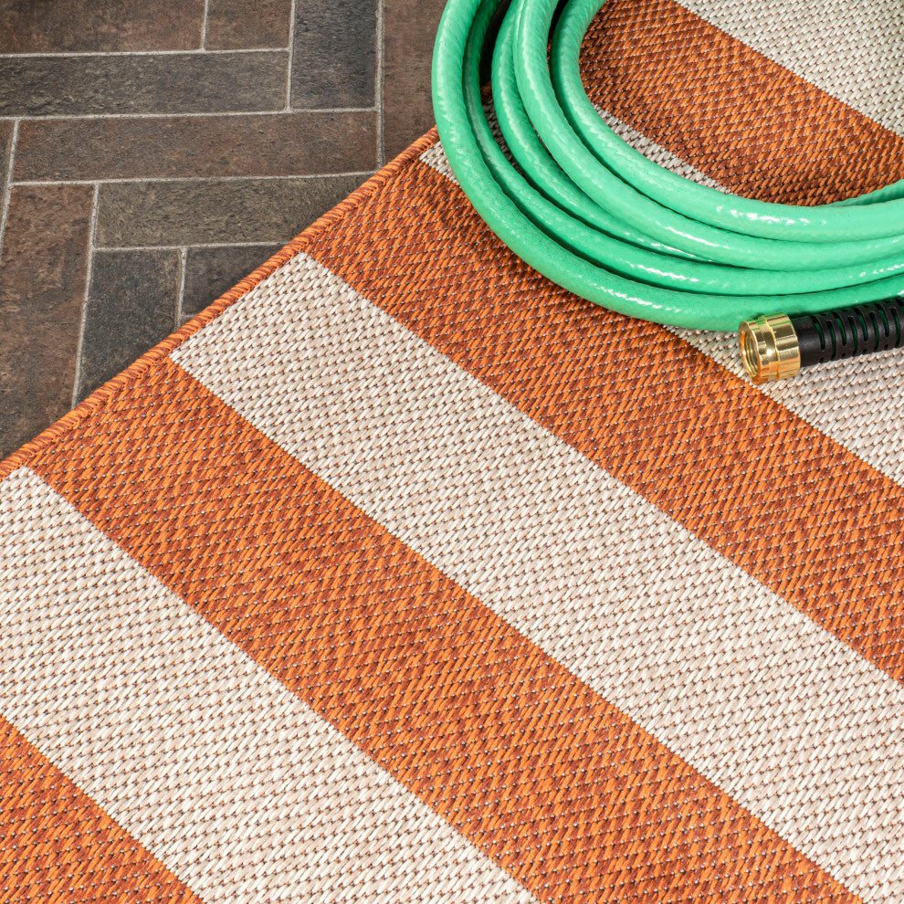 Negril Two-Tone Wide Stripe Indoor/Outdoor Area Rug, Orange/Beige, 2x8