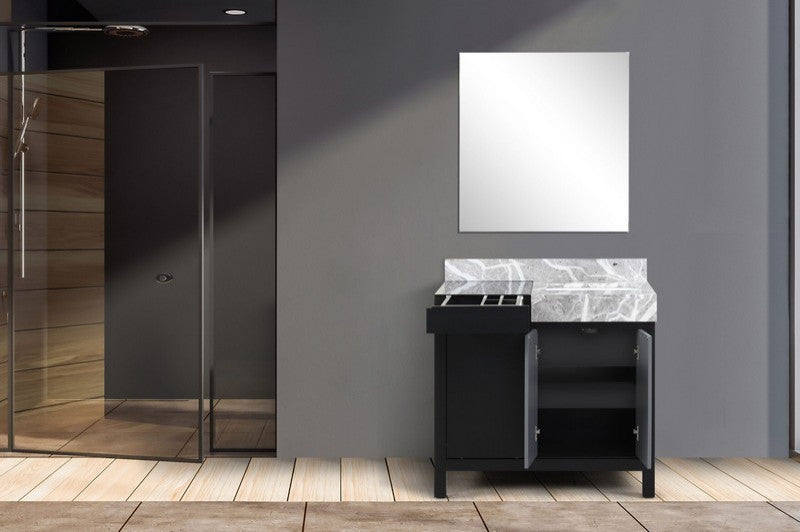 Zilara 36" Black and Grey Vanity, Castle Grey Marble Top, 30" Frameless Mirror