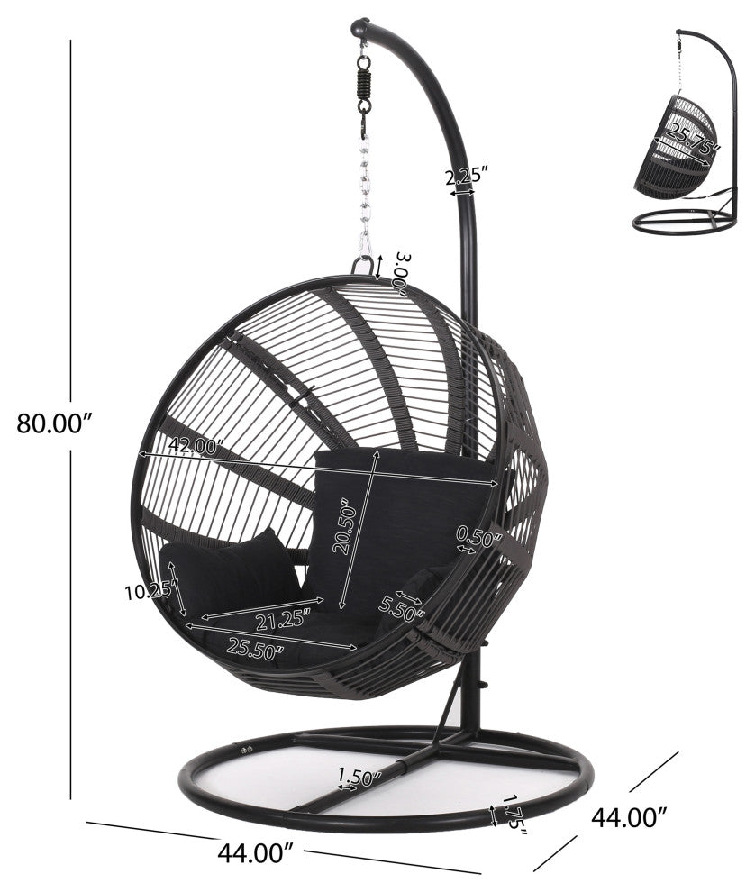 Ansonia Outdoor Rope Weave Hanging Chair With Stand, Gray + Black