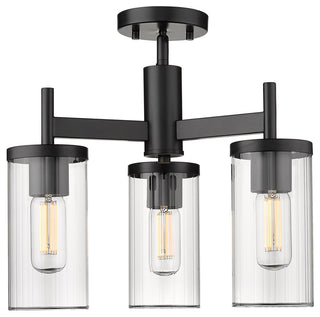 Winslett 3 Light Semi-Flush, Matte Black With Ribbed Clear Glass