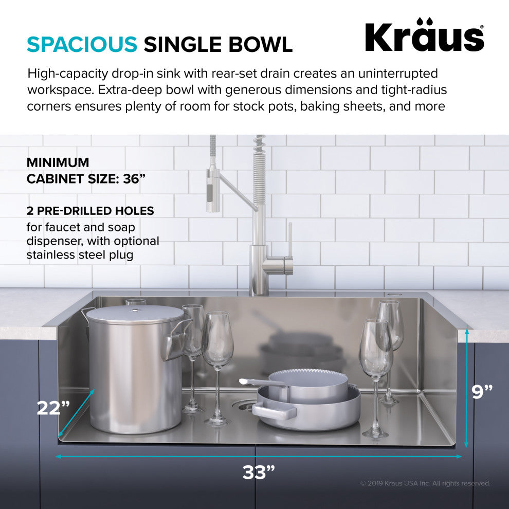 Stark 33" Drop-In Undermount Kitchen Sink, Pulldown Faucet, Stainless Steel