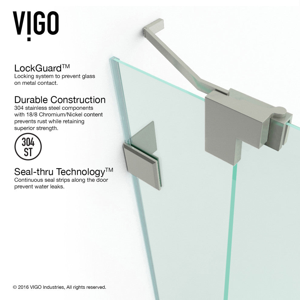 VIGO Pirouette 54" to 60" W x 72" H Frameless Pivot Shower Door, Brushed Nickel, Clear Glass