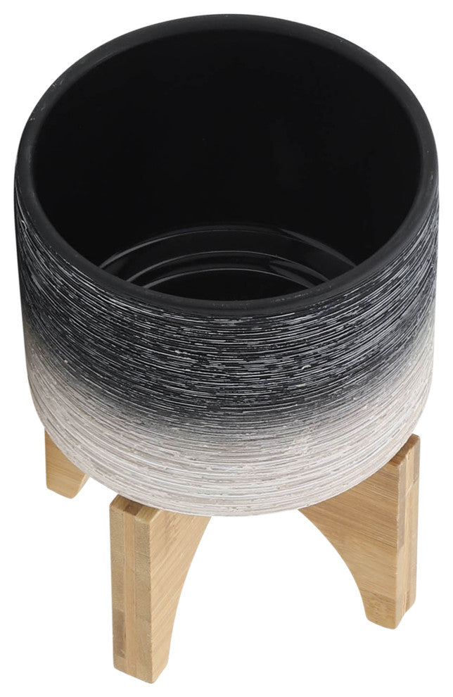 Ceramic 5" Planter On Wooden Stand, Gray