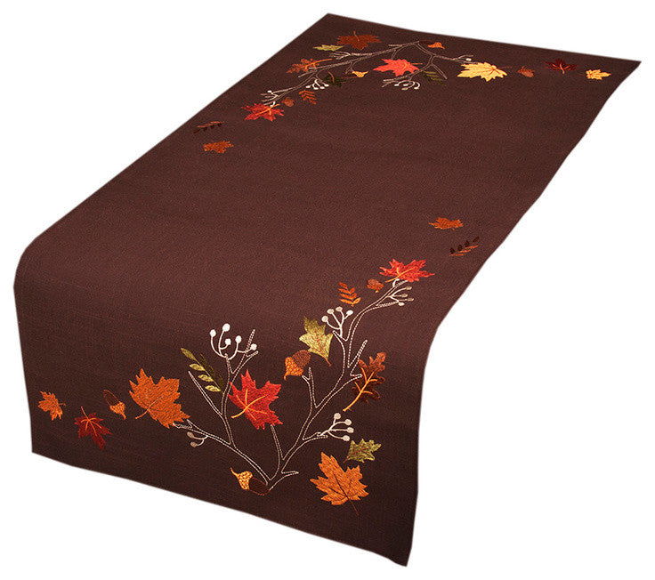 Autumn Branches Embroidered Fall Table Runner, Coffee, 16"x36"