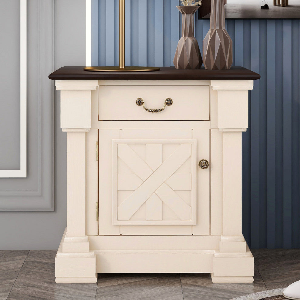 1 Drawer Wood Nightstand with USB Ports, Antique White