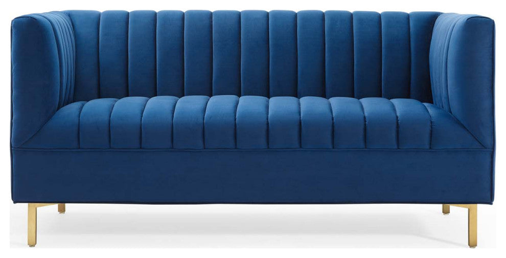 Tufted Loveseat Sofa, Velvet, Blue Navy, Modern, Living Lounge Hotel Hospitality