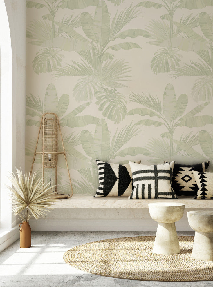 Oceanside Palm Leaves Vinyl Peel and Stick Mural, Green, 24"x108", Single