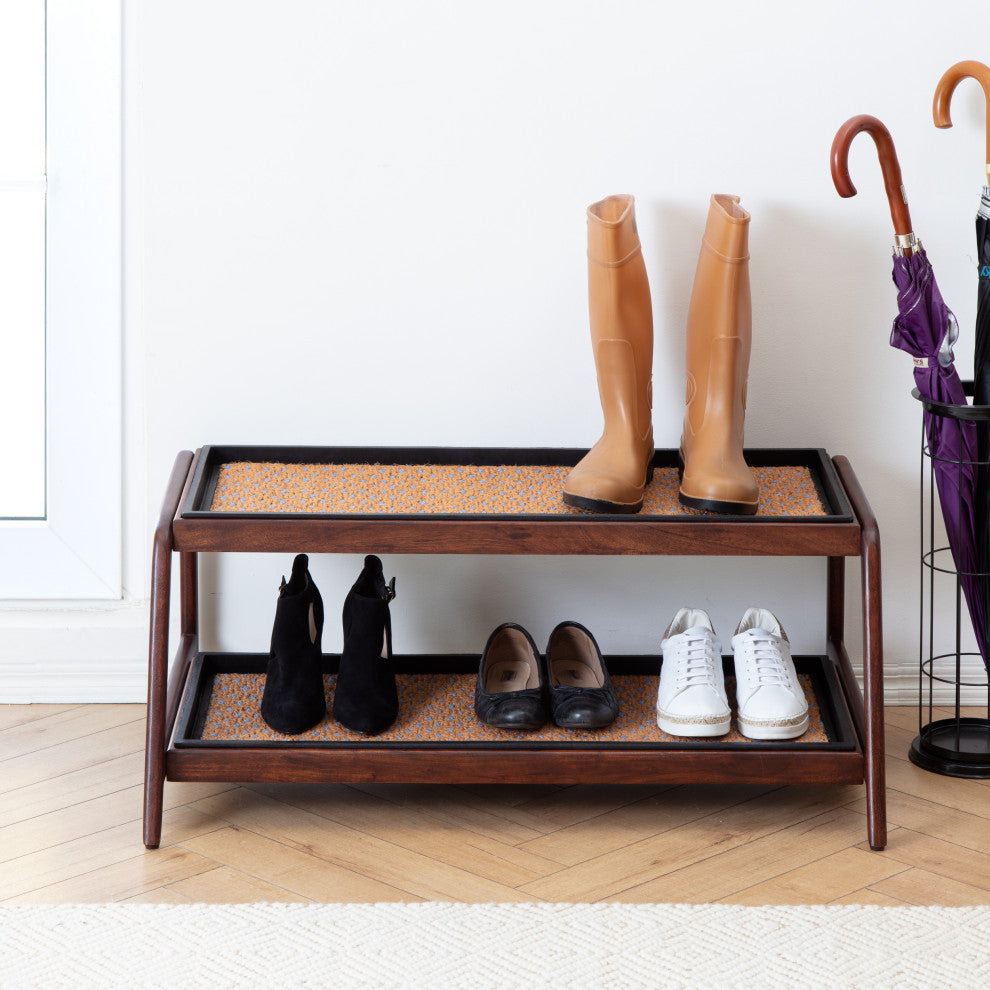 Double-Tier Brown Stand With 3-Pair Rubber Boot Trays My Blue Heaven