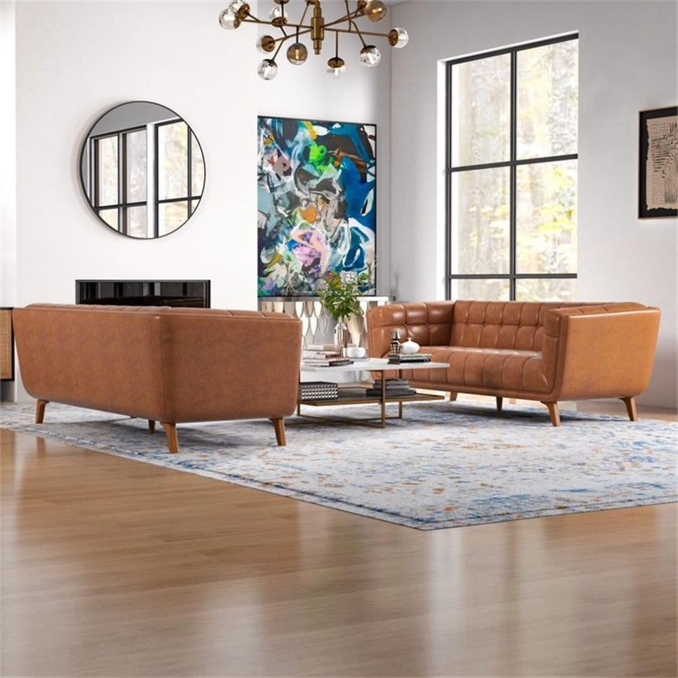 Kartmes Mid Century Modern Furniture Style Leather Sofa Set in Cognac Tan