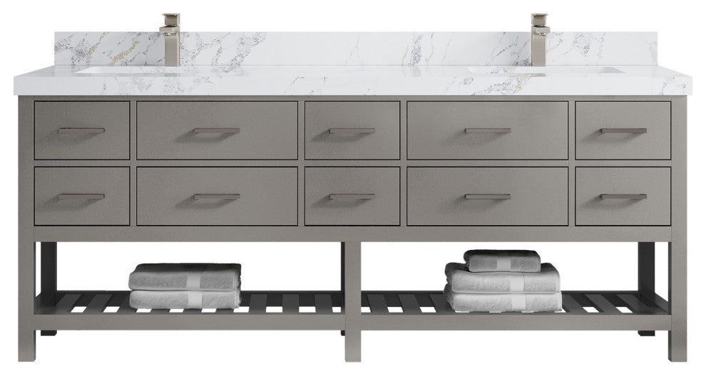 Parker 84" Double Sink Bath Vanity, Elephant Skin Gray 2" Calacatta Poanazzo