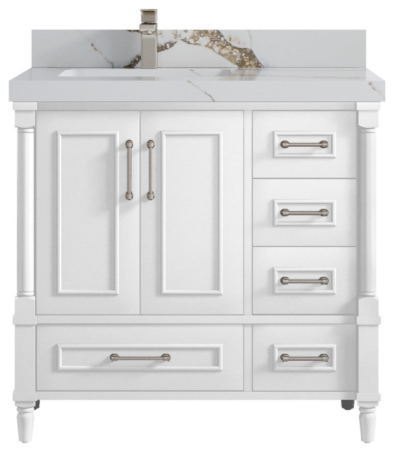 Aberdeen 36 Left Offset Bath Vanity in White 2" Calacatta Gold