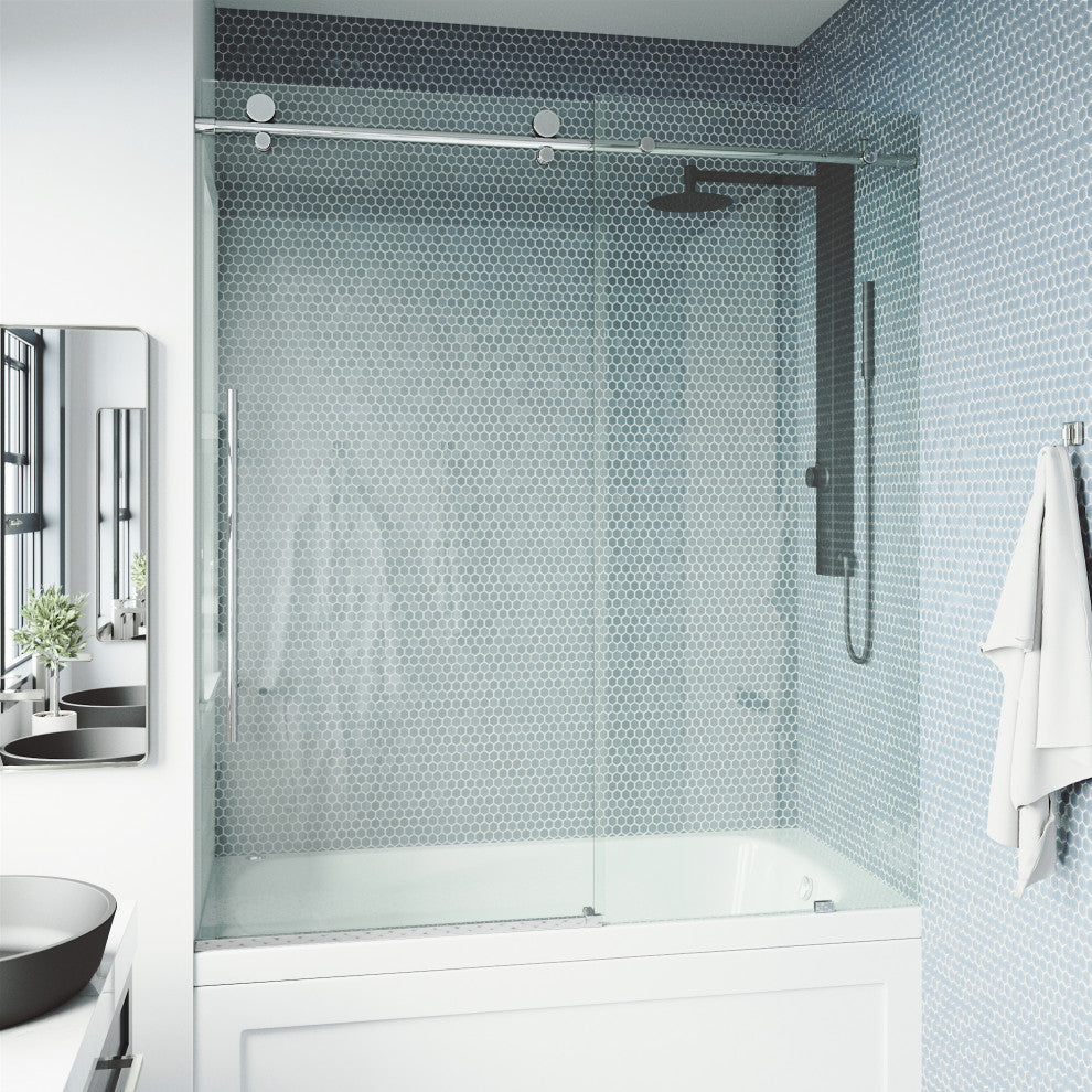 VIGO Elan E-Class 56" to 60" W x 66" H Frameless Sliding Tub Door, Chrome, Clear Glass