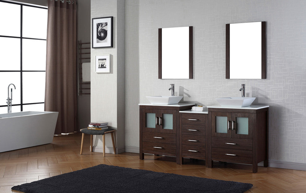 74" Double Bathroom Vanity, Espresso, White Stone, Brushed Nickel