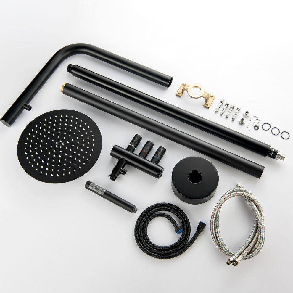 84.65" H Brass Free Standing Outdoor Shower, Matte Black
