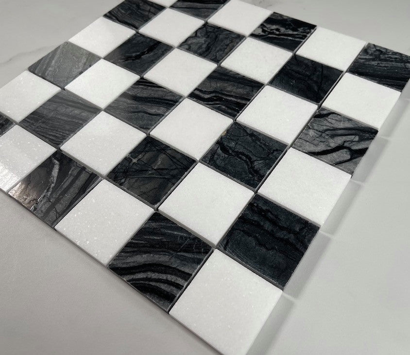 Silver Wave Black Forest Thassos White Marble Checkerboard Tile Polish, 1 sheet