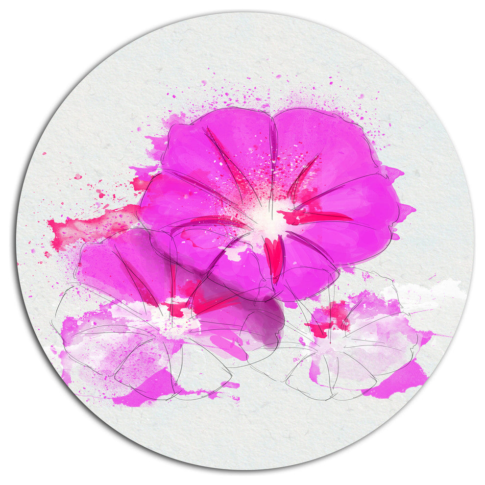 Pink Flowers Sketch With Color Splashes, Floral Round Artwork, 23"