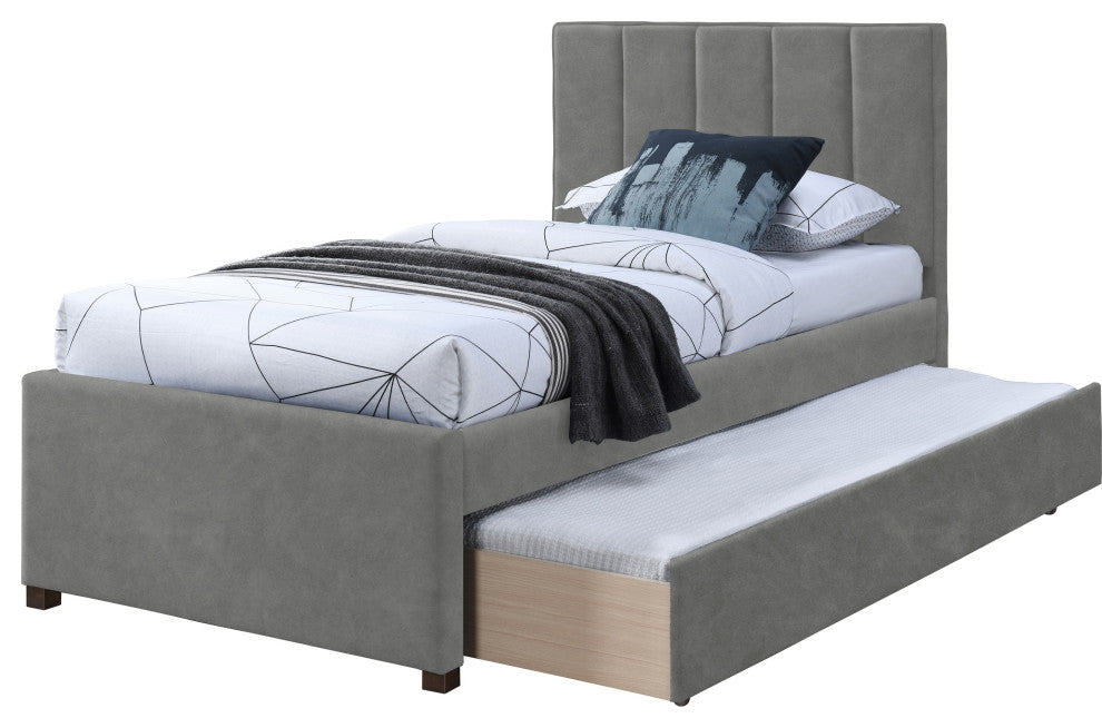 Hudson Beige Faux Leather Twin Trundle Bed, Gray