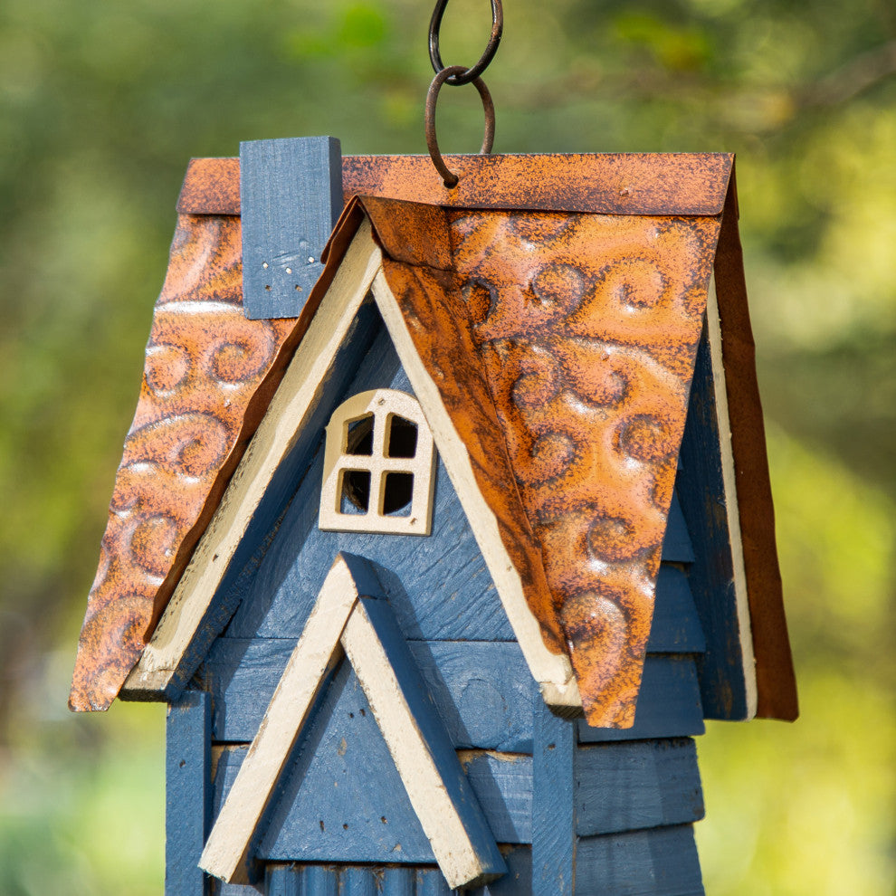 12"H Retro Blue Distressed Solid Wood Cottage Birdhouse