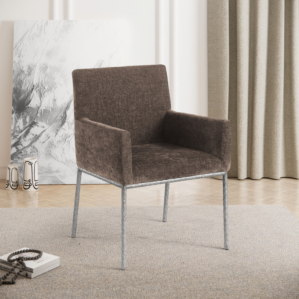 Reeves Upholstered Dining Chair, Brown, Chenille , AC, Brushed Silver, Set of 2