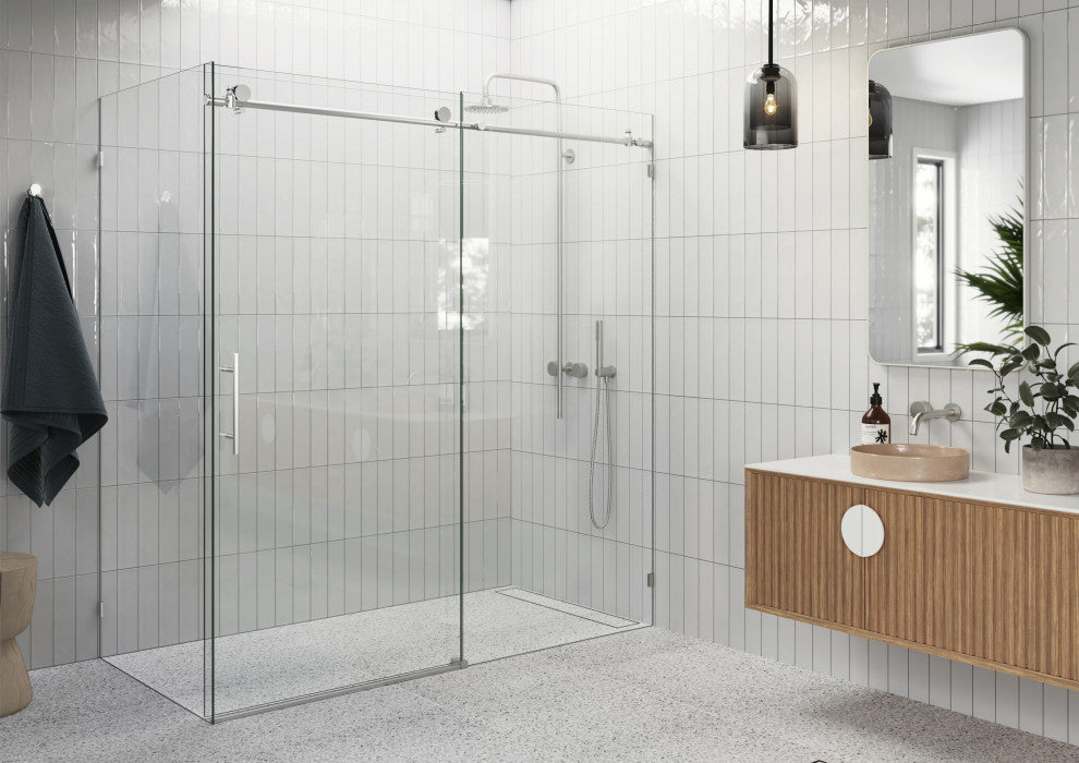64"-68"x36"x78" Frameless Sliding Shower Door With Return Panel, Brushed Nickel