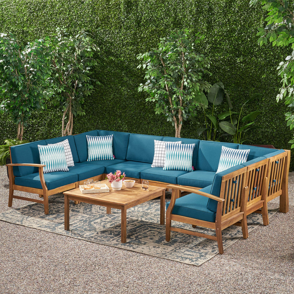 GDF Studio Judith Outdoor 9 Seater Sectional Sofa Set With Cushion, Teak/Blue