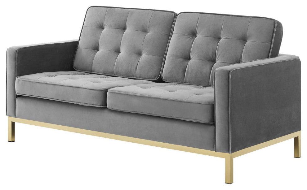 Armchair and Loveseat Sofa Set, Velvet, Gold Gray, Modern, Lounge