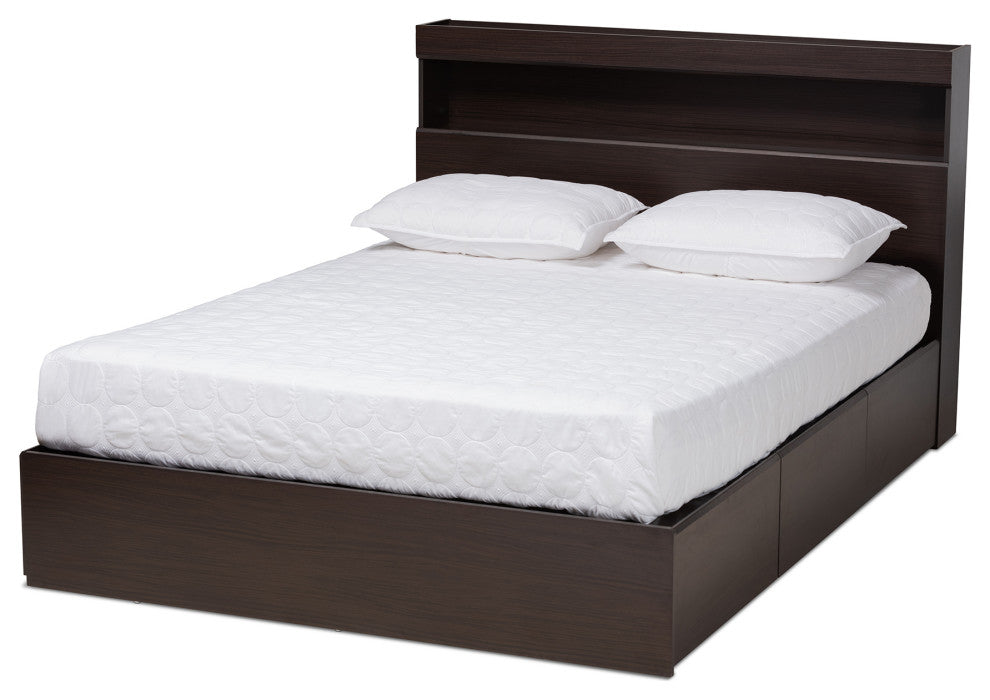 Elkton Walnut Finish Mid Century Platform Bed With Storage, Queen