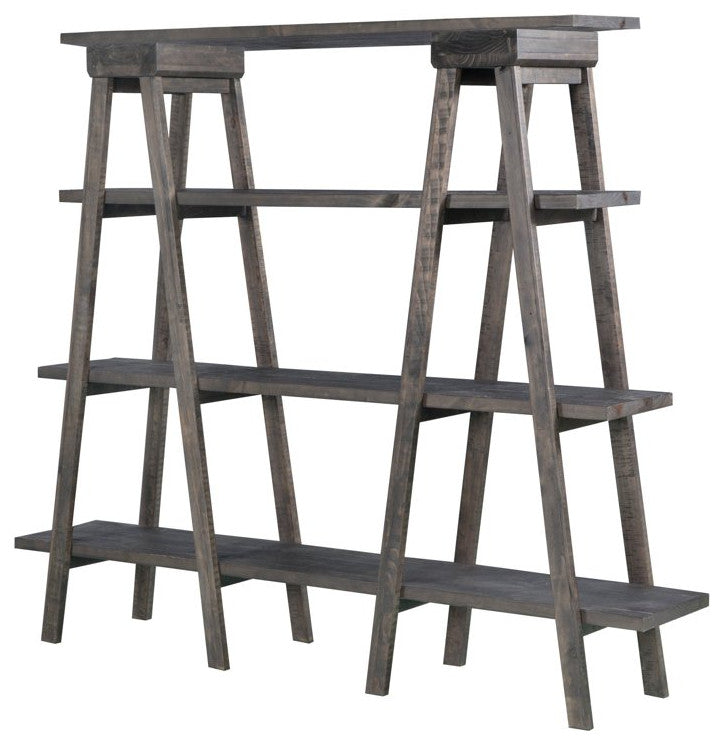 Rustic Bookcase, Ladder Sawhorse Design, 4 Removable Shelves, Weathered Charcoal