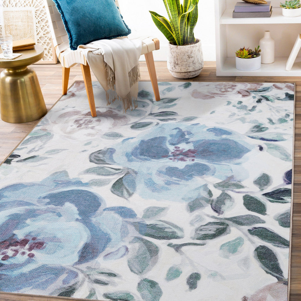 My Magic Carpet Washable Rug Sasha Floral Cream Blue, 5' X 7'