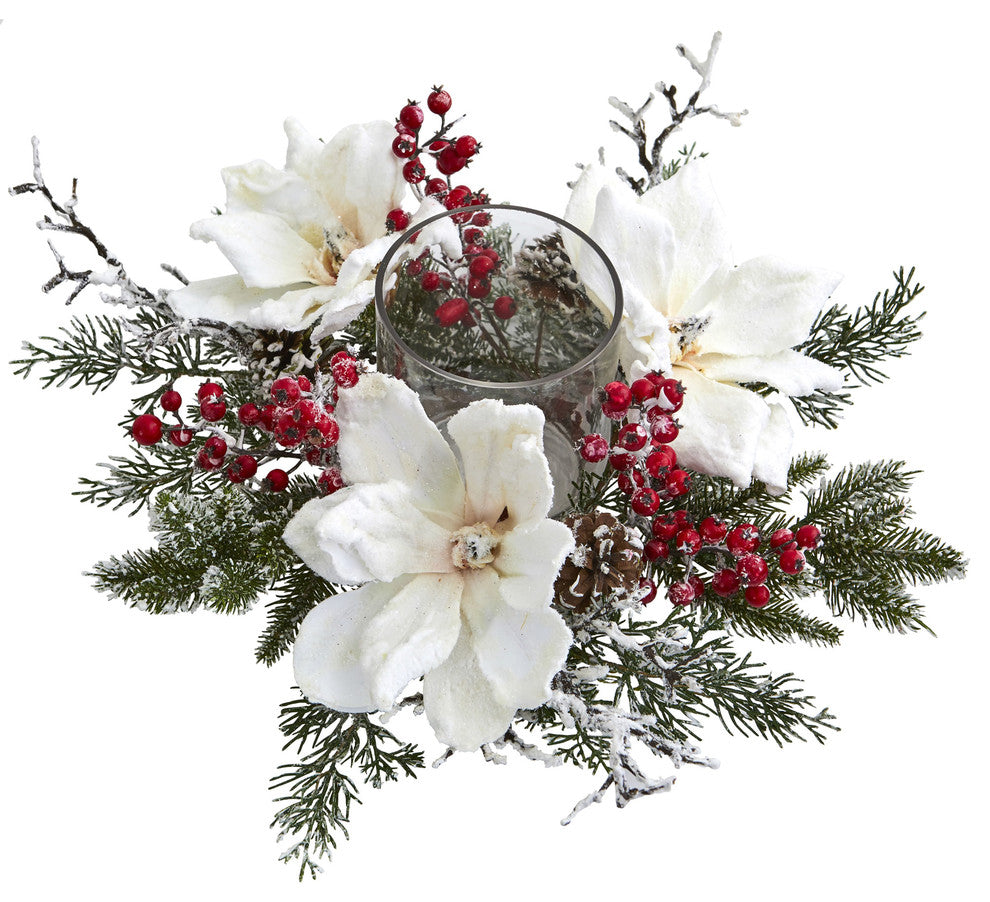 Frosted Magnolia and Berry Artificial Arrangement Candelabrum