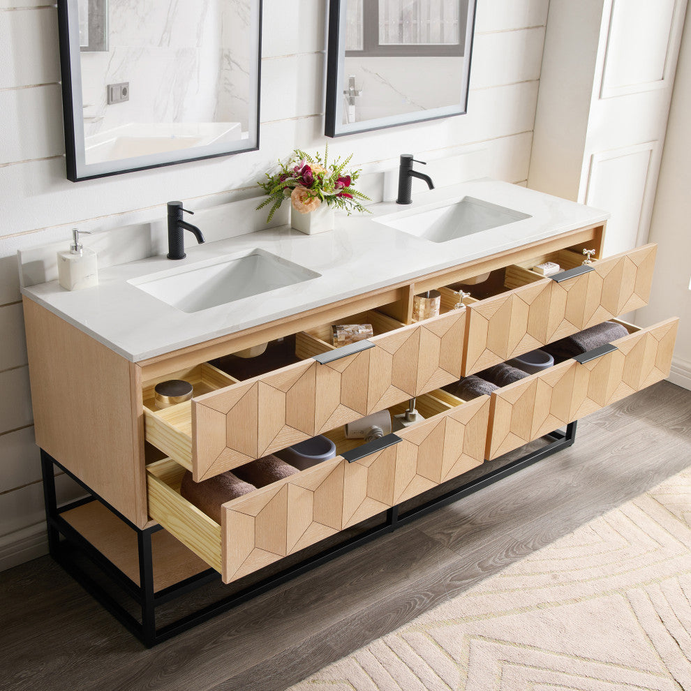 Milagro Bath Vanity With Top, Washed Ash Grey, Matte Black Base, 72", No Mirror