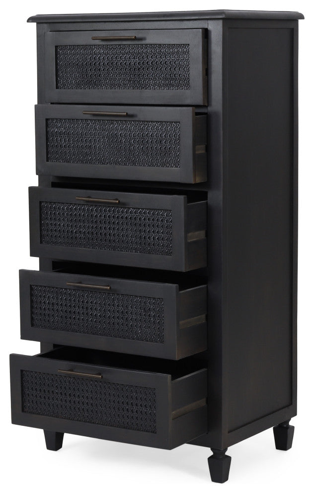 Pollards Rustic Acacia Wood and Cane 5 Drawer Dresser, Dark Gray