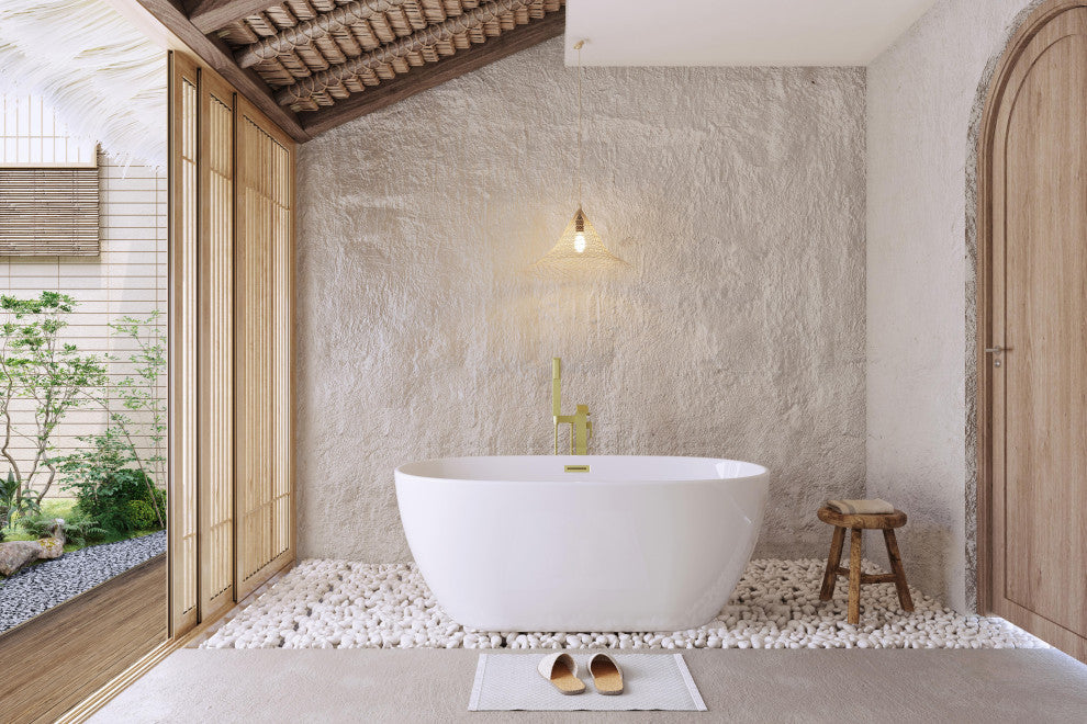 Aaron 59" Soaking Bathtub, Glossy White With Brushed Gold Trim