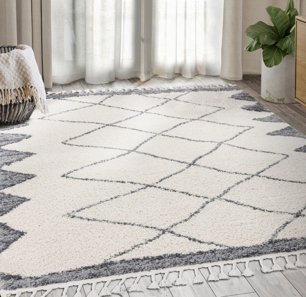 Abani Willow WIL170A Cream Moroccan Shag Grey Border Area Rug