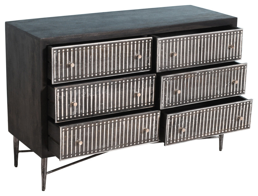 Sarah 6 Drawer Chest, Mango Solid Wood Antique Brown Finish on Iron Base