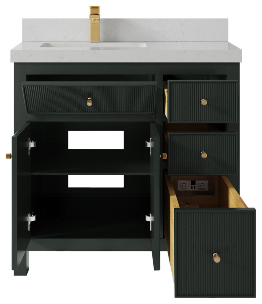 Sonoma 36 Left Offset Reeded  Bath Vanity in Dark Forest Green 2" Carrara Quartz