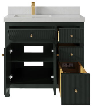 Sonoma 36 Left Offset Reeded  Bath Vanity in Dark Forest Green 2" Carrara Quartz