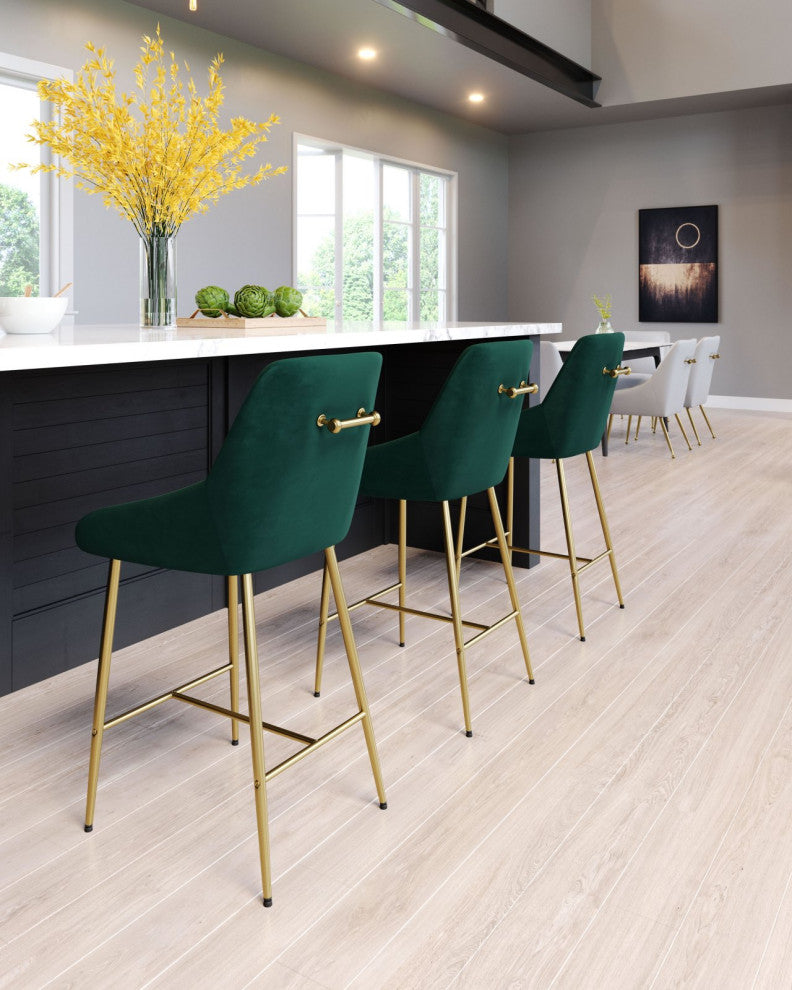 Counter Stool Chair, Steel Metal, Fabric, Green, Gold, Bar Kitchen Cafe Bistro