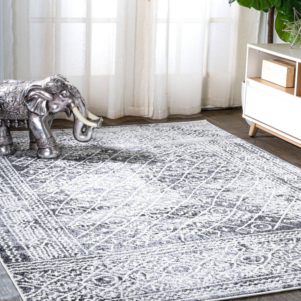 Iften Moroccan Geometric Distressed Ivory/Black 8'x10' Area Rug
