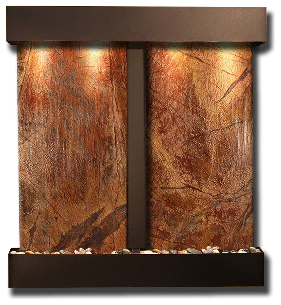 Aspen Falls Wall Fountain, Blackened Copper, Rainforest Brown Marble, Square Fra