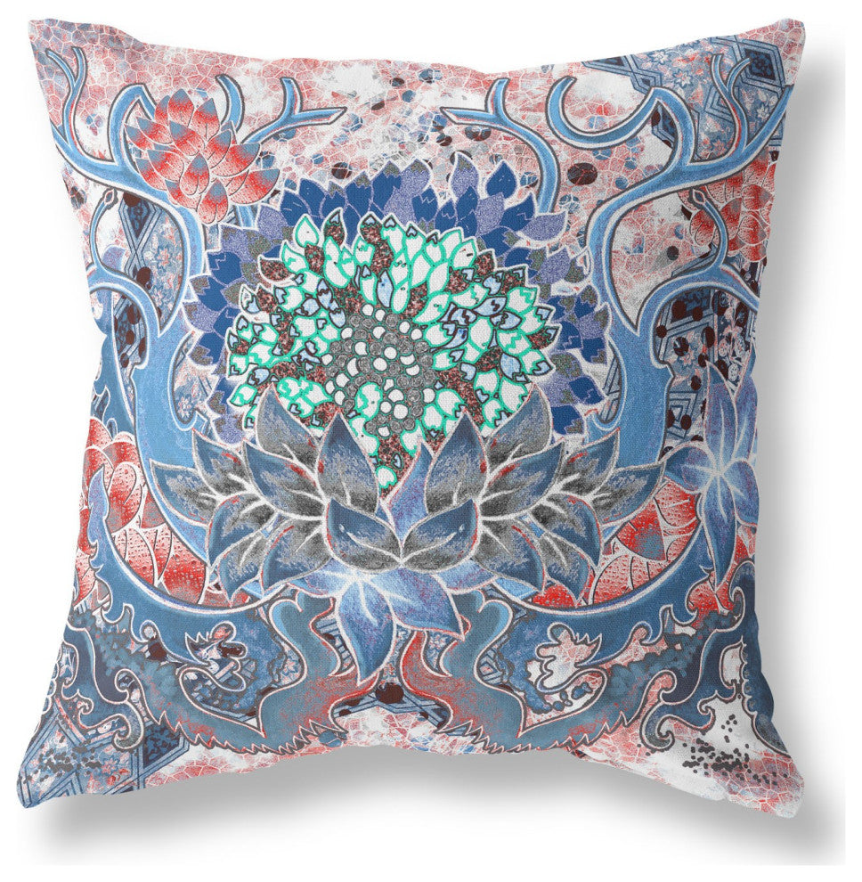 20" Blue Pink Flower Bloom Suede Throw Pillow