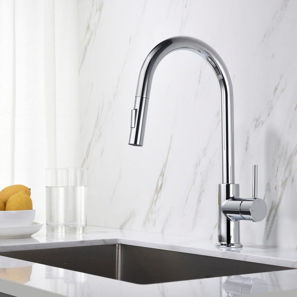 Brass Single Handle Pull Out Kitchen Faucet, Chrome W/ Soap Dispenser