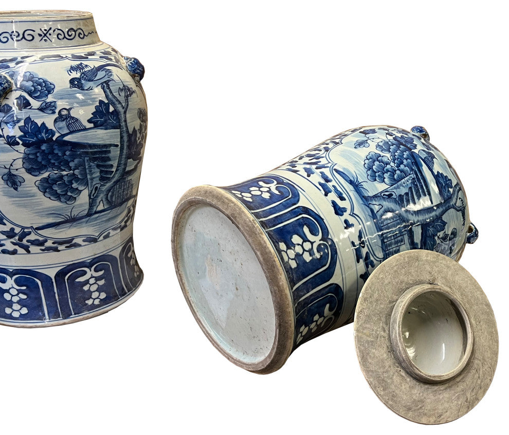 Pair of Chinese Blue White Porcelain Flower Bird Graphic Temple Jars Hws2550