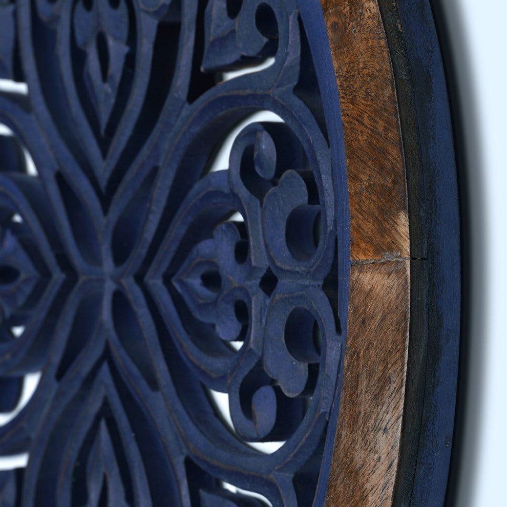 Distressed Wood Framed Round Navy Blue Wall Accent Medallion Art - 16"